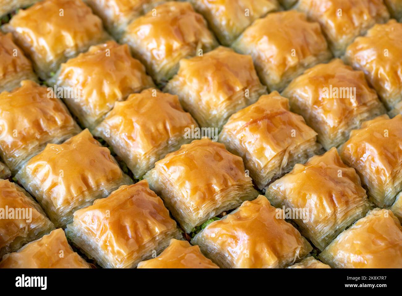 Pistazien-Baklava. Traditionelle türkische Küche Delikatessen. Nahaufnahme Stockfoto