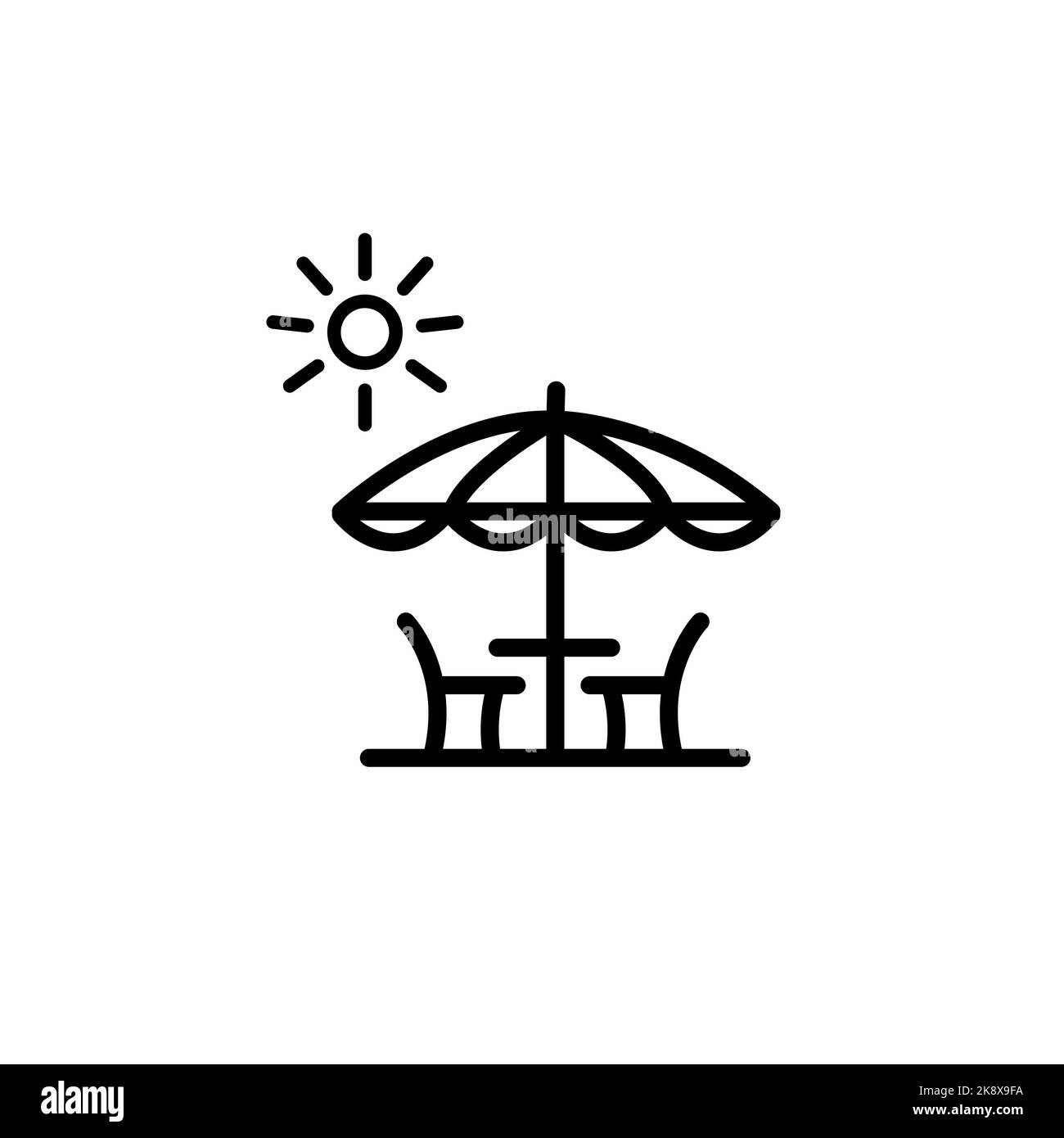Café-Tisch mit Stühlen und Sonnenschirm Symbol Vektor-Illustration Stock Vektor
