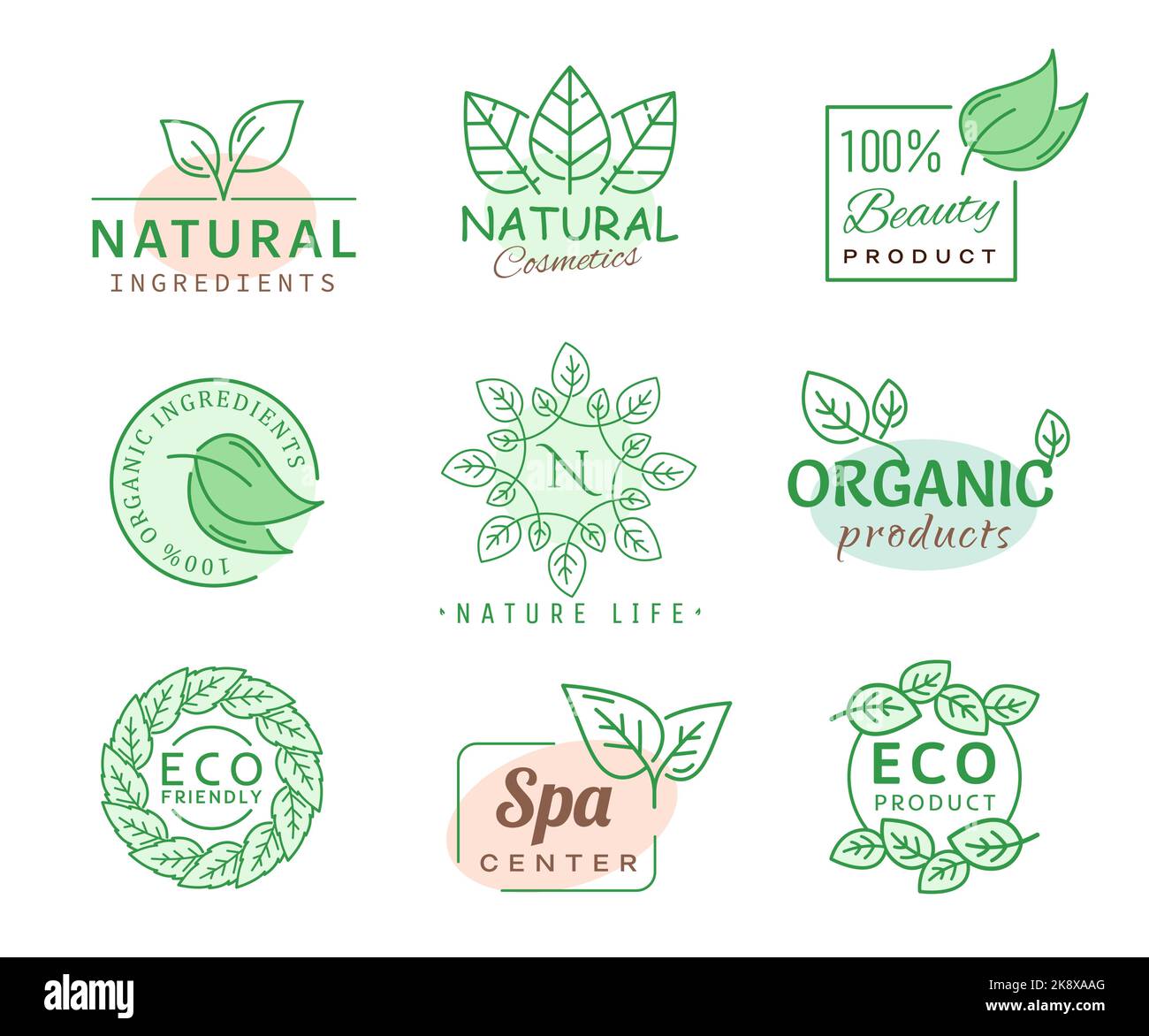 Grüne Blatt Symbole, SPA, Bio-Kosmetik oder Öko-Produkt, Vektor Bio Natur Etiketten. Schönheit, umweltfreundlich und 100 Prozent natürliche Inhaltsstoffe, grüne Blattsymbole für Bio-Produkte und vegane Kosmetik Stock Vektor