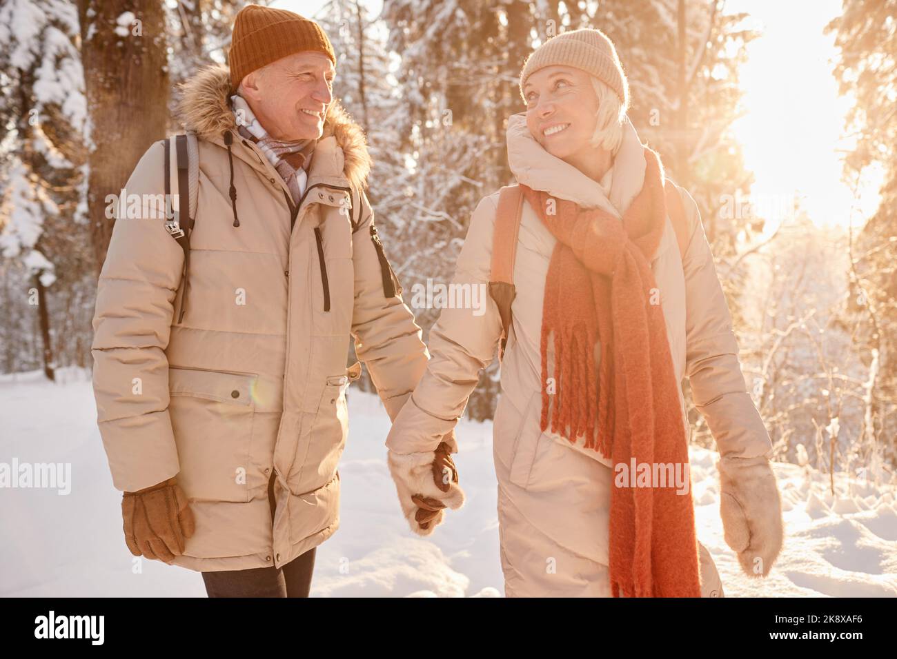 Porträt eines glücklichen älteren Paares, das im Winterwald wandern und die Hände im Sonnenlicht hält Stockfoto Porträt eines glücklichen älteren Paares, das im Winterwald wandern und die Hände im Sonnenlicht hält Stockfoto