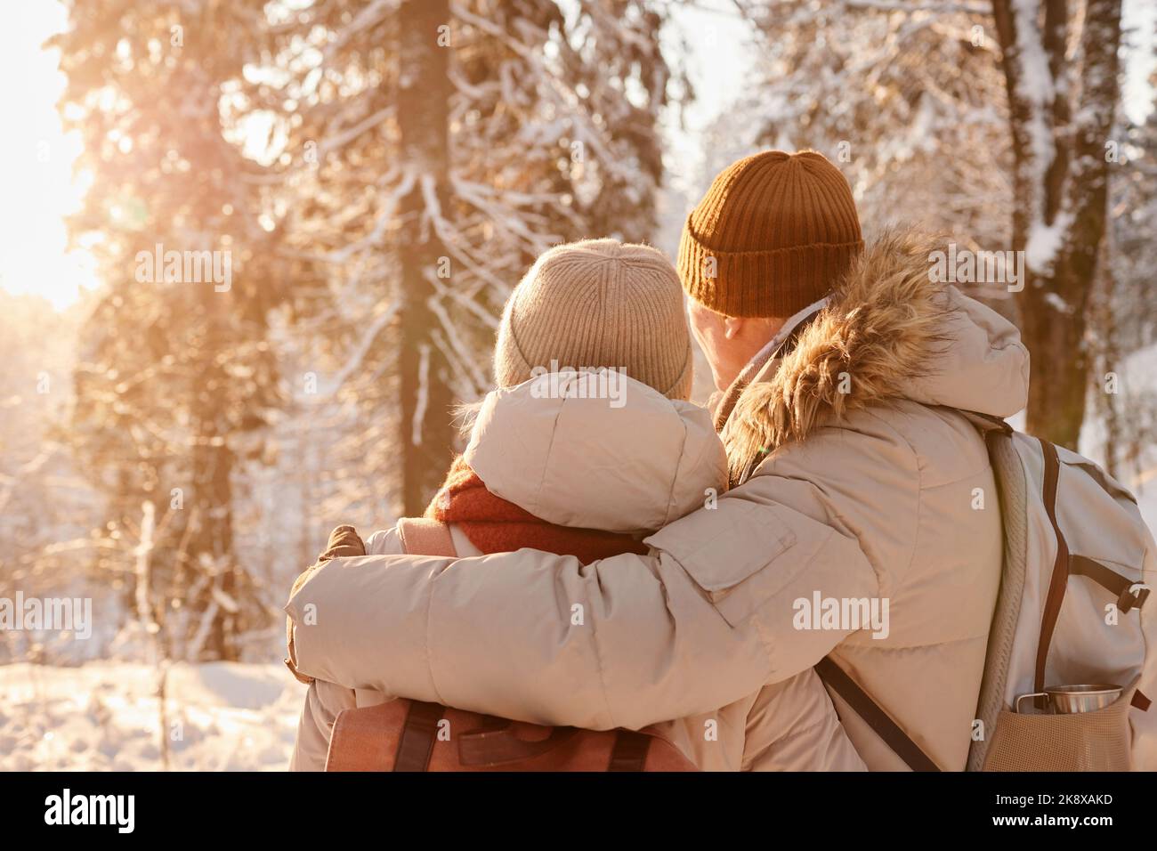 Rückansicht eines reifen Paares, das sich im von Sonnenlicht beleuchteten Winterwald umarmt, Kopierraum Stockfoto Rückansicht eines reifen Paares, das sich im von Sonnenlicht beleuchteten Winterwald umarmt, Kopierraum Stockfoto