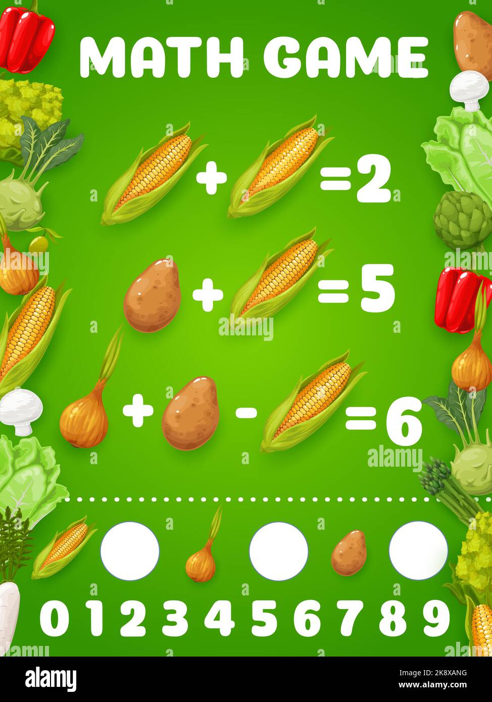 Mathe Spiel Arbeitsblatt von Cartoon rohes Gemüse. Vektor Kinder Spiel Quiz oder Zählen Puzzle mit frischen Bauernhof Gemüse. Addition und Subtraktion Übungen von Zwiebeln, Mais und Kartoffeln, Kohl, Pfeffer, Rettich Stock Vektor