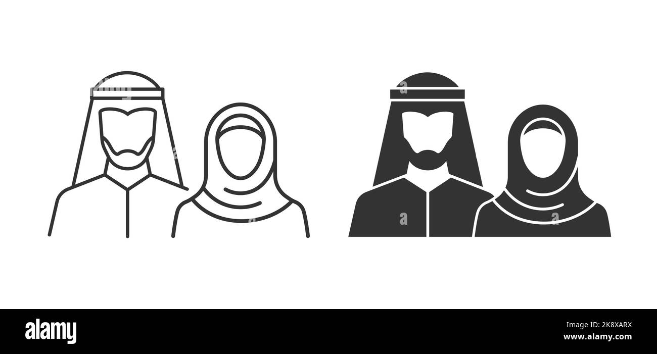 Ikonen muslimischer Männer und Frauen in Nationalkleidung. Vektorgrafik. Stock Vektor Ikonen muslimischer Männer und Frauen in Nationalkleidung. Vektorgrafik. Stock Vektor
