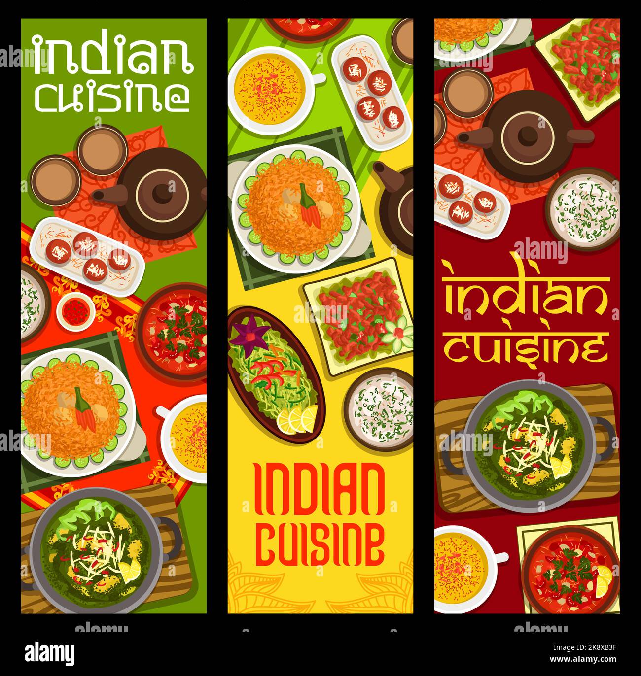 Indische Küche Mahlzeiten Vektor-Banner mit asiatischen Gewürz-Essen. Kursuppe, Gemüse- und Hühnertandoori-Salate, Entenreis Biryani, Mandel- und Safran-Garnelensuppen, Spinat-Kurrygerichte und Nachtisch aus gebratener Milch Stock Vektor