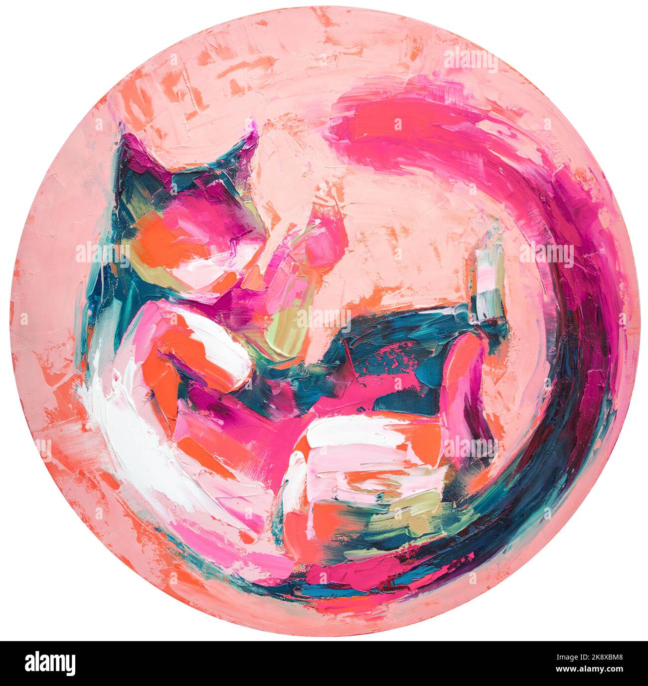 Ölbild einer Katze zusammengerollte Malerei in bunten Tönen. Konzeptuelle abstrakte Malerei. Closeup Malerei Öl und Palettenmesser auf Leinwand. Stockfoto