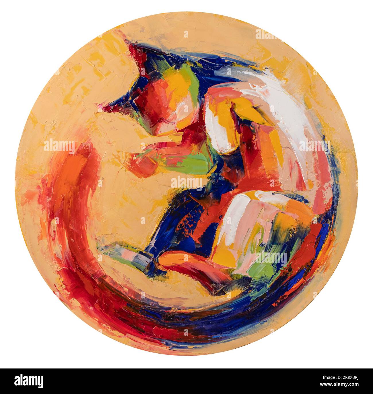 Ölbild einer Katze zusammengerollte Malerei in bunten Tönen. Konzeptuelle abstrakte Malerei. Closeup Malerei Öl und Palettenmesser auf Leinwand. Stockfoto