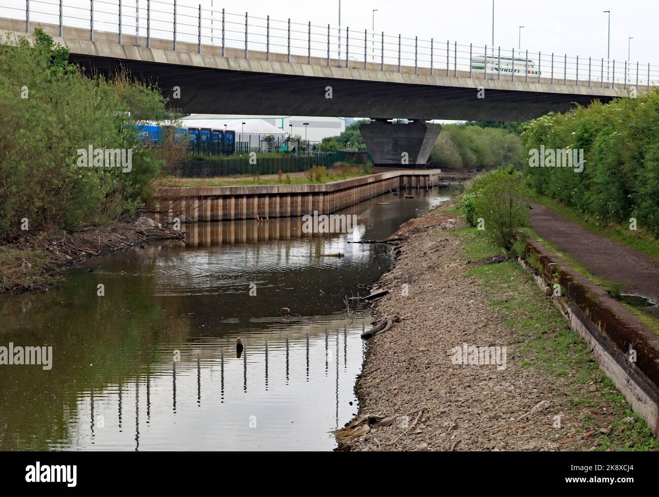 Die Mersey Gateway Bridge überquert den Sankey-Kanal, der nach der Schließung des Fiddlers Ferry-Kraftwerks unter niedrigen Wasserständen leidet. Stockfoto