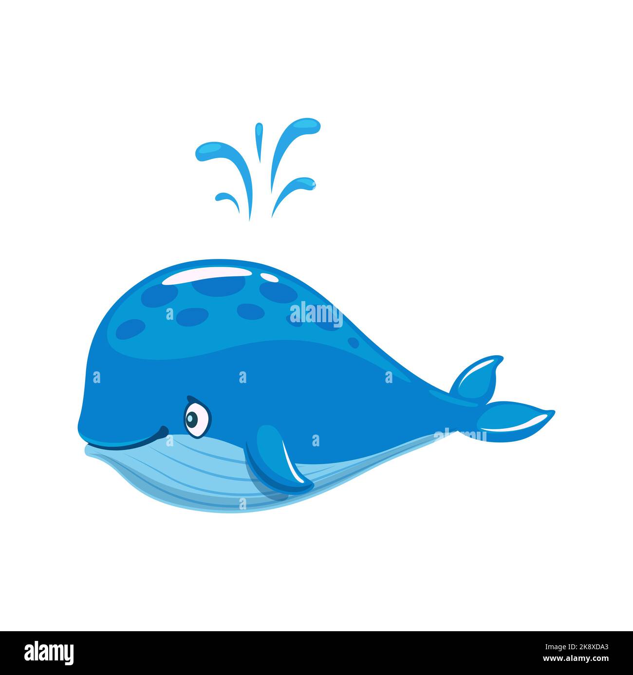 Cartoon fröhlich blauen Wal Charakter mit Wasserbrunnen. Niedliche Meer-und Ozean-Tier-Vektor-Personage von lustigen Buckelwal oder Baleen Wal spießen Wasser mit glücklichem Lächeln. Isoliertes Unterwasser-Säugetier Stock Vektor