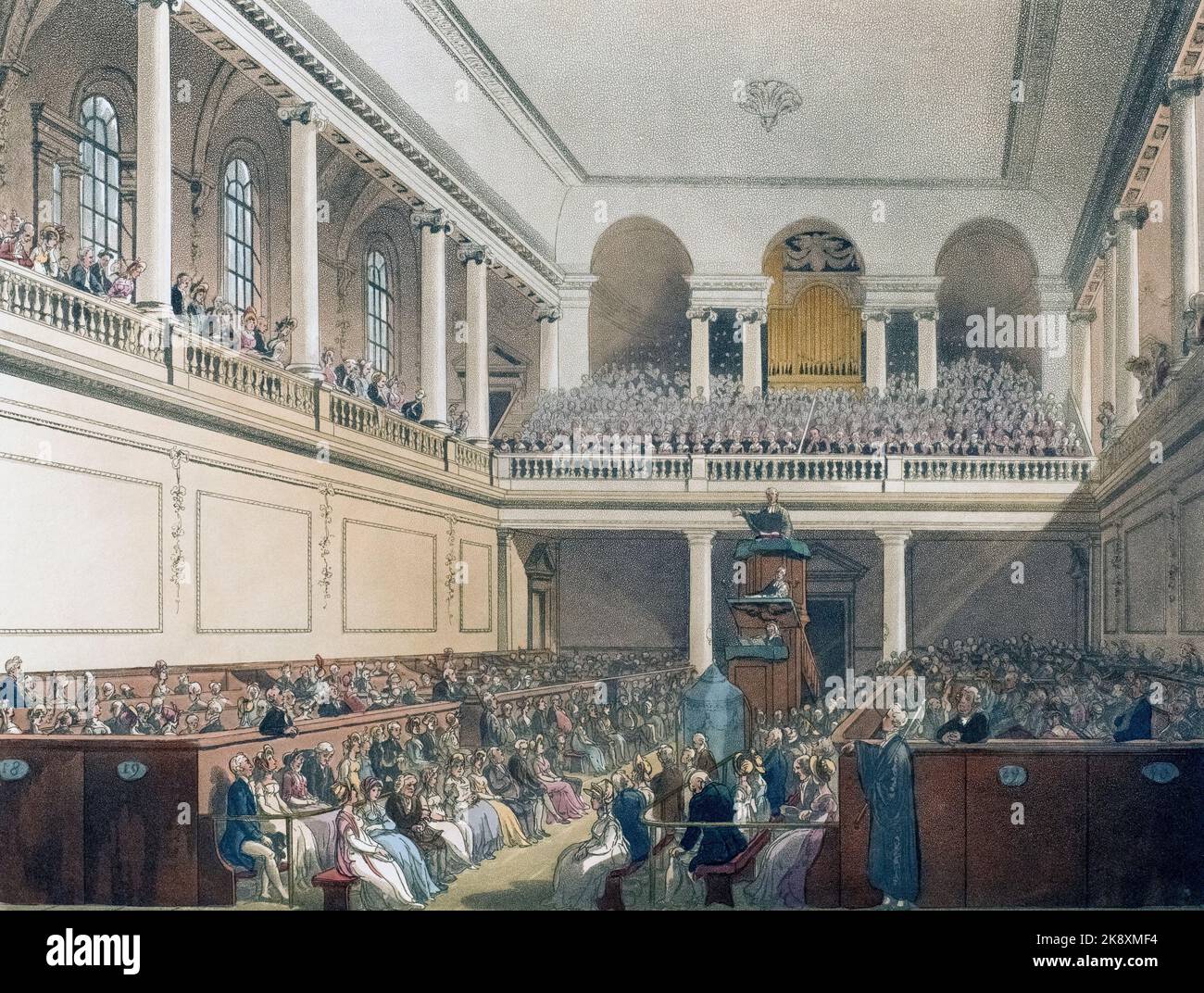 Das Krankenhaus Von Findling. Die Kapelle. Ca. 1808. Nach einem Werk von August Pugin und Thomas Rowlandson im Londoner Mikrokosmos, erschienen in drei Bänden zwischen 1808 und 1810 bei Rudolph Ackermann. Pugin war der Künstler, der für die architektonischen Elemente in den Mikrokosmos-Bildern verantwortlich war; Thomas Rowlandson wurde beauftragt, die lebendigen menschlichen Figuren hinzuzufügen. Stockfoto