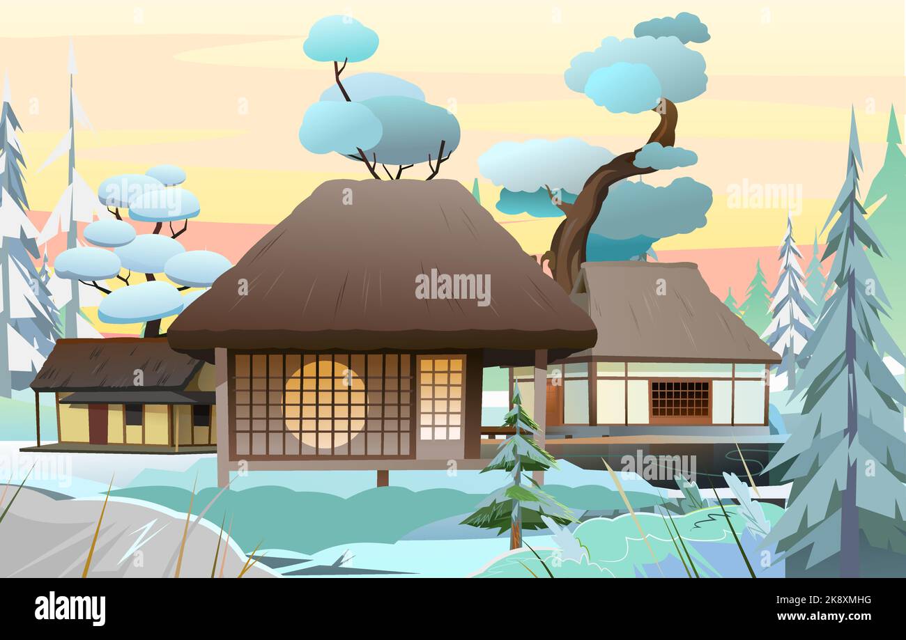Traditionelles japanisches Haus. Schneeverwehungen. Winterlandschaft. Kleines Dorf. Ländliche Wohnung mit Strohdach. Illustration Vektor Stock Vektor