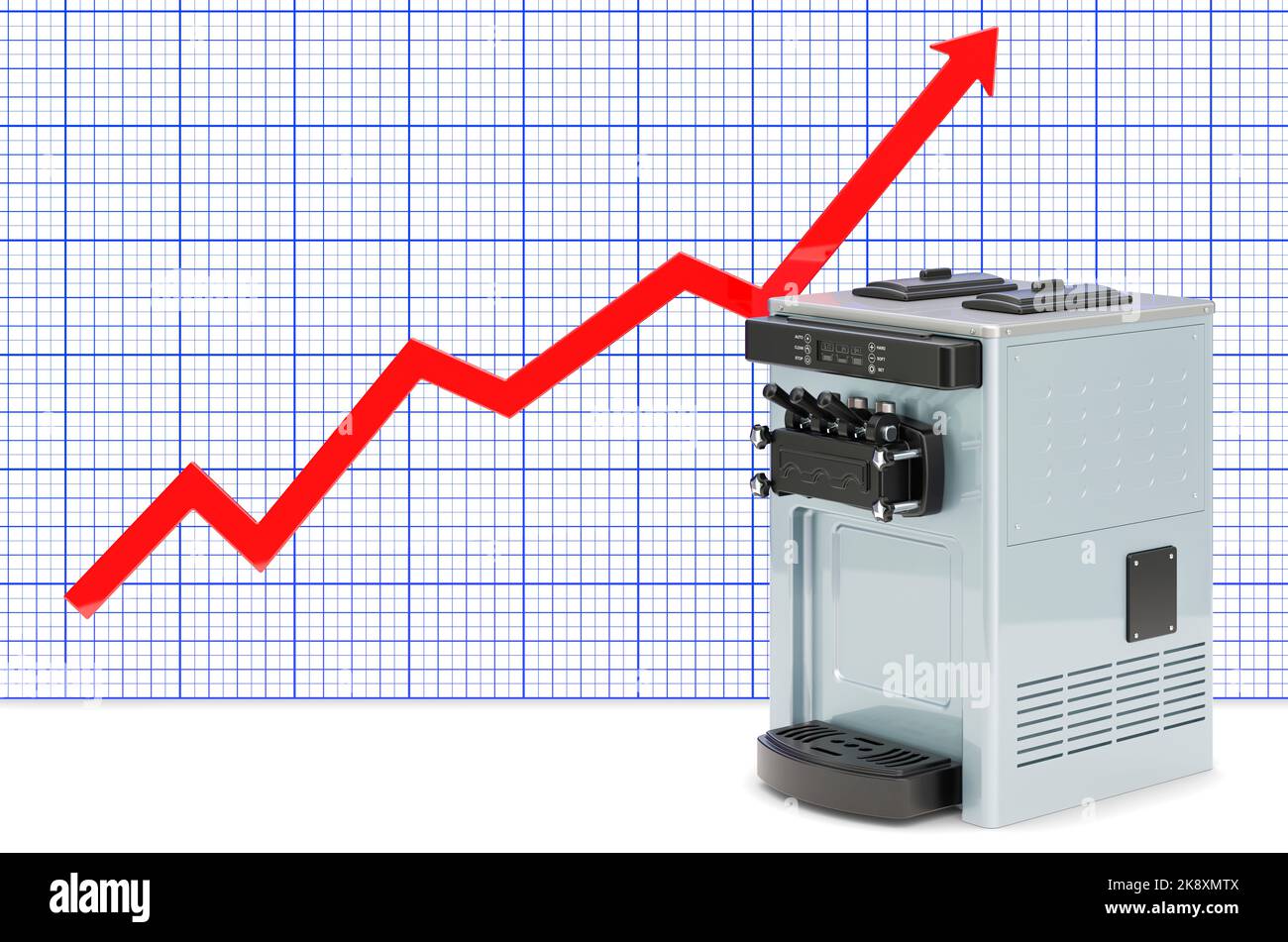 Kommerzielle Eismaschine mit Wachstumskarte. 3D Darstellung isoliert auf weißem Hintergrund Stockfoto