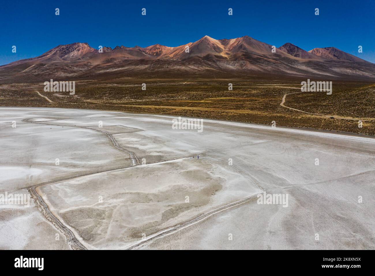 Luftaufnahme der Laguna de Salinas, 62 km östlich von Arequipa in 4300 Metern Höhe in den peruanischen Anden. Stockfoto