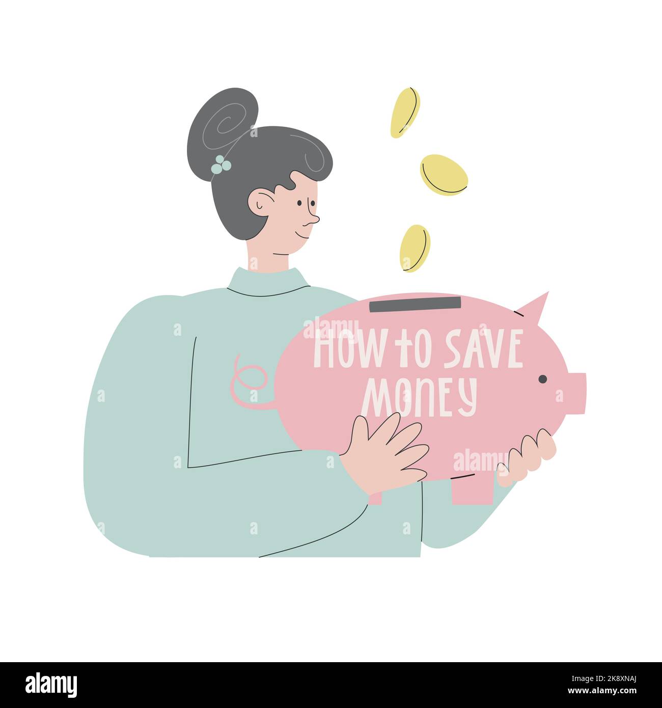 Trendy Charakter Mädchen Geld sammeln in rosa Sparschwein wie man Geld spart. Flache Vektorgrafik für Banner, Artikel, Post Stock Vektor