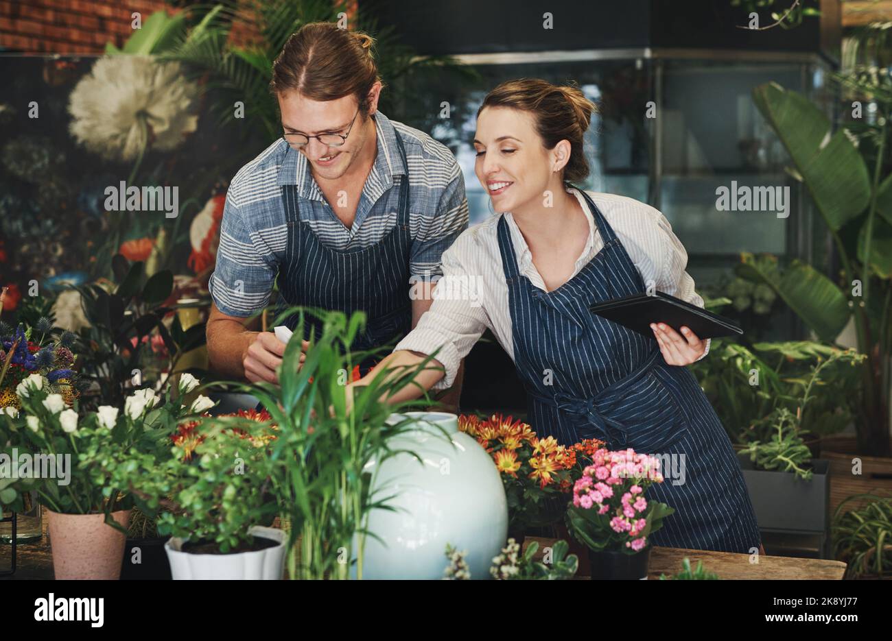 Das Geschäft blüht. Zwei junge Floristen gießen Blumen und arbeiten in ihrer Pflanzenkinderstube zusammen. Stockfoto