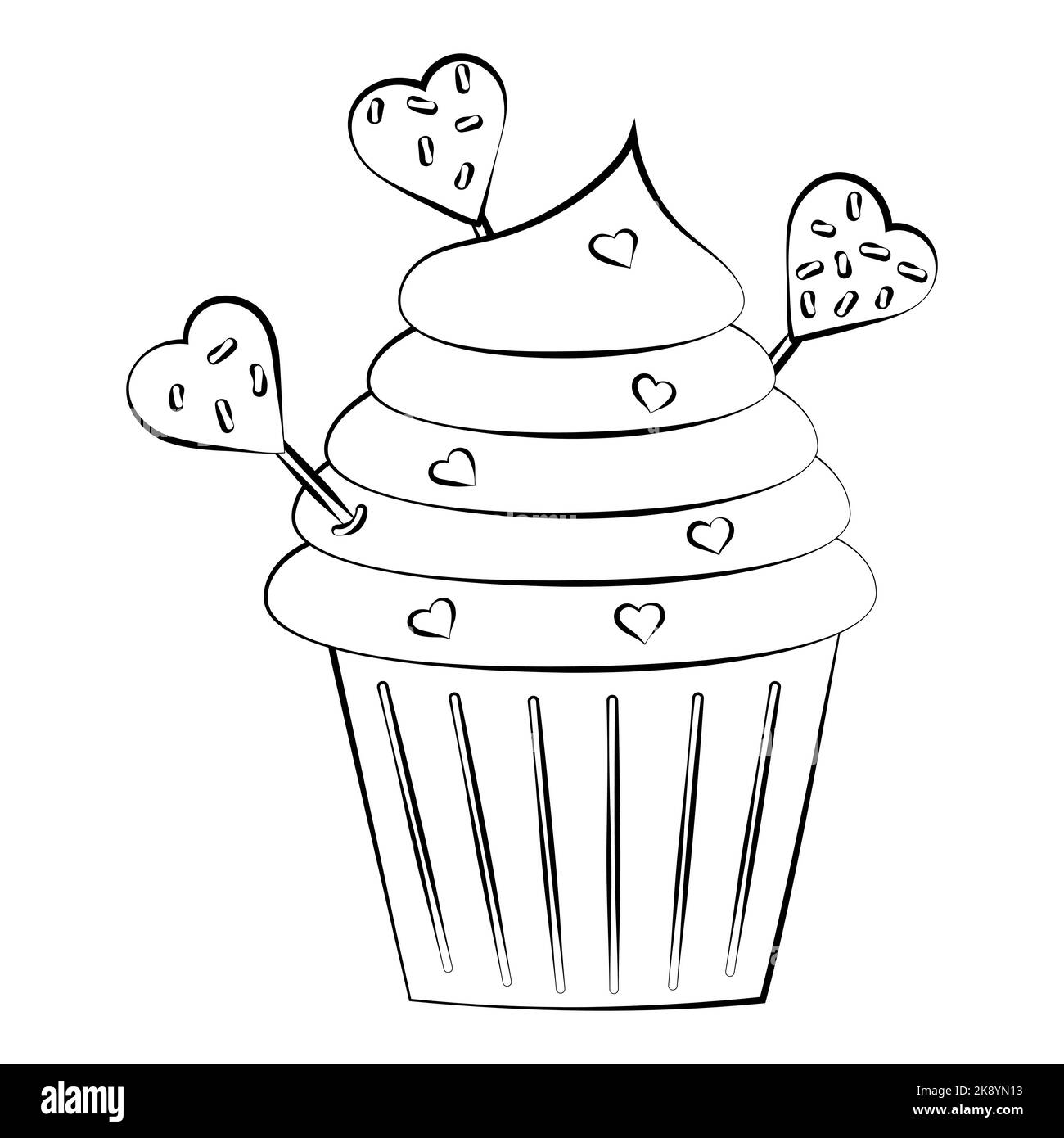 Cupcake mit Creme und Dekorationen mit einer dünnen Linie. Vektor auf weißem Hintergrund. Stock Vektor