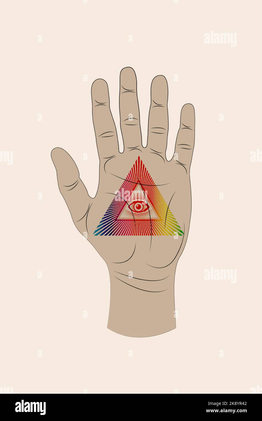 Offene Palme mit allen sehenden Augen heilige Freimaurersymbol, drittes Auge, psychedelisches Auge der Vorsehung, Dreieckspyramide. Neue Weltordnung. Farbenfrohes Symbol Stock Vektor