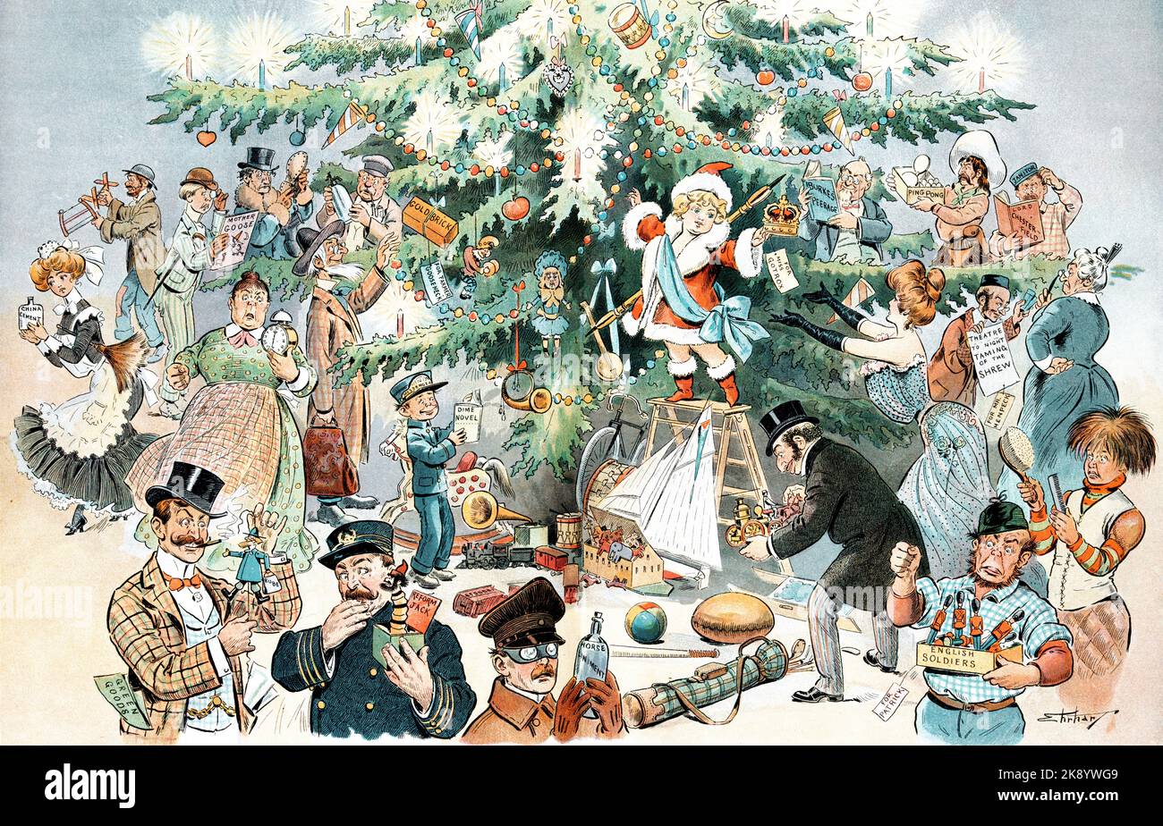 PUCK Spread - Pucks Weihnachtsbaum - SD Ehrhart Illustration 1902 Stockfoto