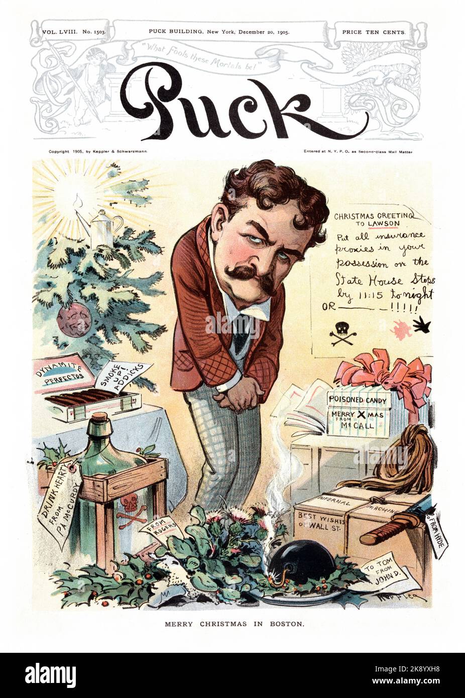 PUCK Cover - Frohe Weihnachten in Boston - Illustration von Udo Keppler 1905 Stockfoto