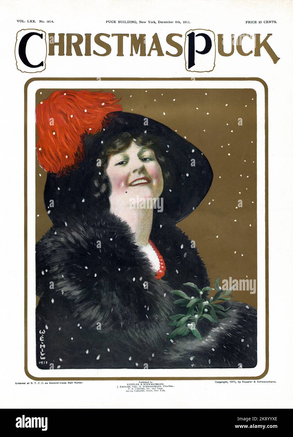 Christmas Puck Cover - W.E. Hill Illustration - Schnee fällt auf eine schöne Frau, die einen großen Hut trägt und Mistel hält Stockfoto