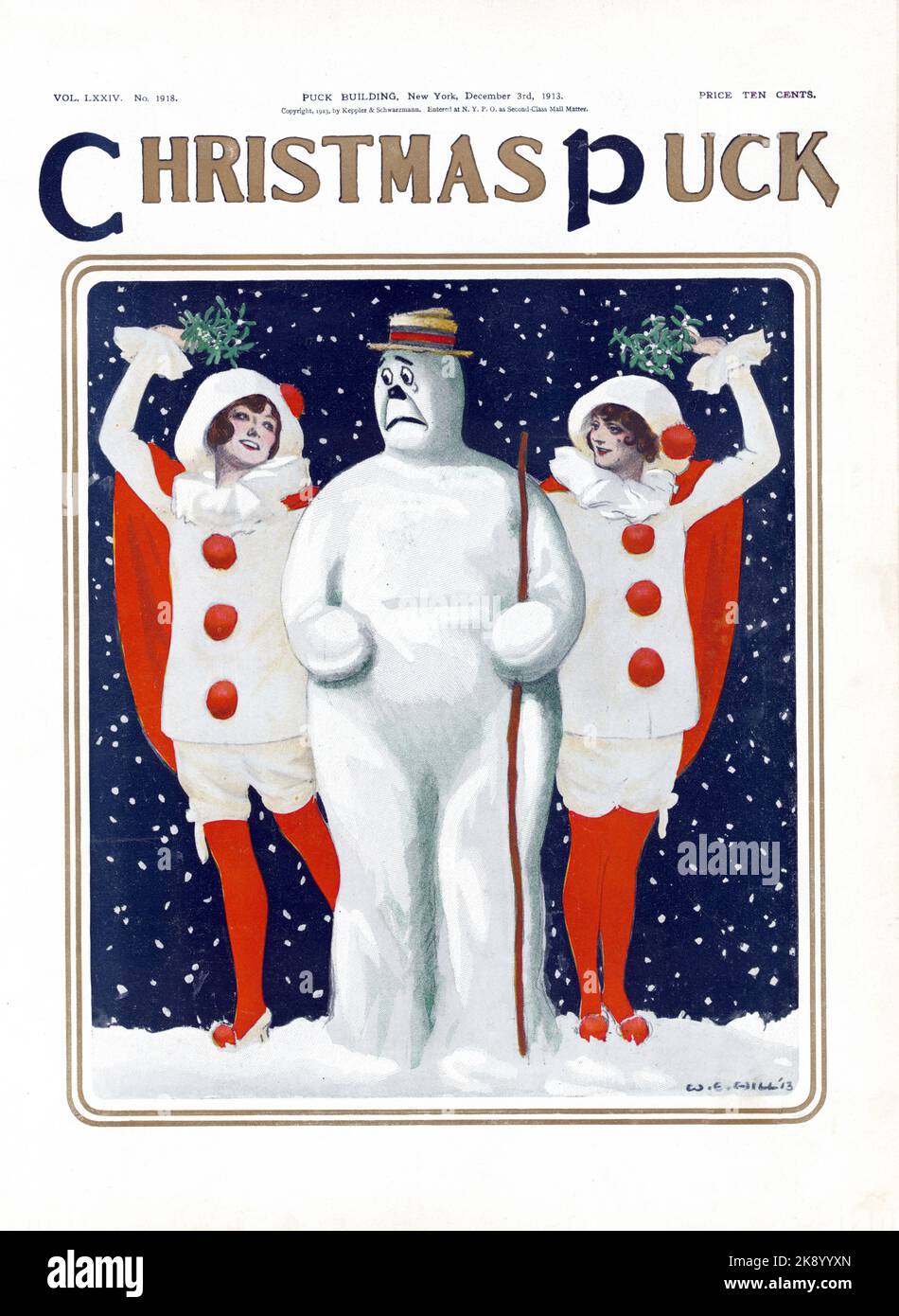 Christmas Puck - W.E. Hill Artwork - Abbildung zeigt einen ängstlich Schneemann, der zwischen zwei schönen jungen Frauen in Clown-Kostümen steht Stockfoto