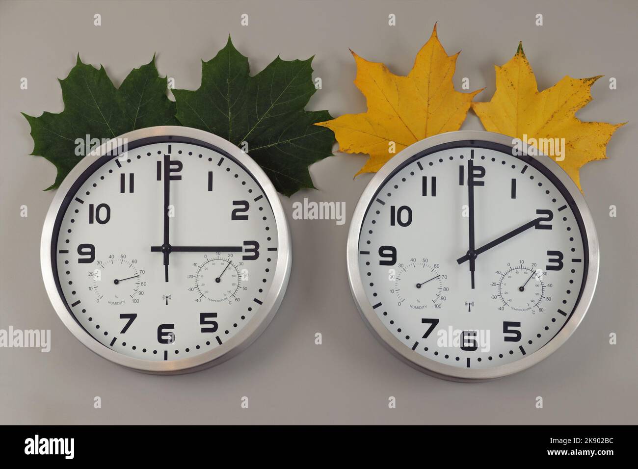 Zwei Uhren, eine zeigt zwei Uhr, die andere zeigt drei Uhr. Symbol für Zeitänderung. Grüne Blätter für den Sommer, gelbe für den Winter. Stockfoto