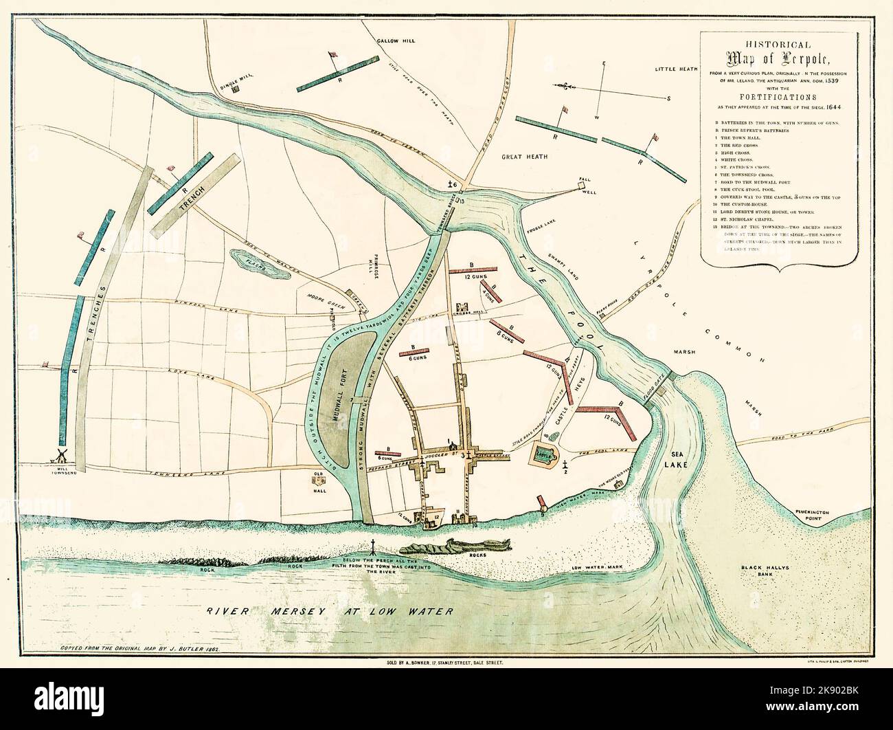 Lelands Historische Karte von Lerpole datiert 1644, eine alte Karte von Liverpool. Aber es ist nicht so alt, wie die Straßengestaltung vermuten lässt, denn in Wirklichkeit ist die Karte von Liverpool im 17.. Jahrhundert - wie im 19.. Jahrhundert vorgestellt. Im Juni dieses Jahres kam Prinz Rupert vom Rhein mit 10.000 Männern nach Liverpool, um Liverpool Castle zu erobern. Eine sechzehntägige Belagerungszeit von Liverpool fand statt, und zur Verteidigung der Stadt schuf die Parlamentarische Armee einen riesigen Graben über einen großen Teil des Stadtzentrums. Prinz Rupert ergriff schließlich das Schloss, um dann wieder vertrieben zu werden, um Zuflucht zu suchen Stockfoto