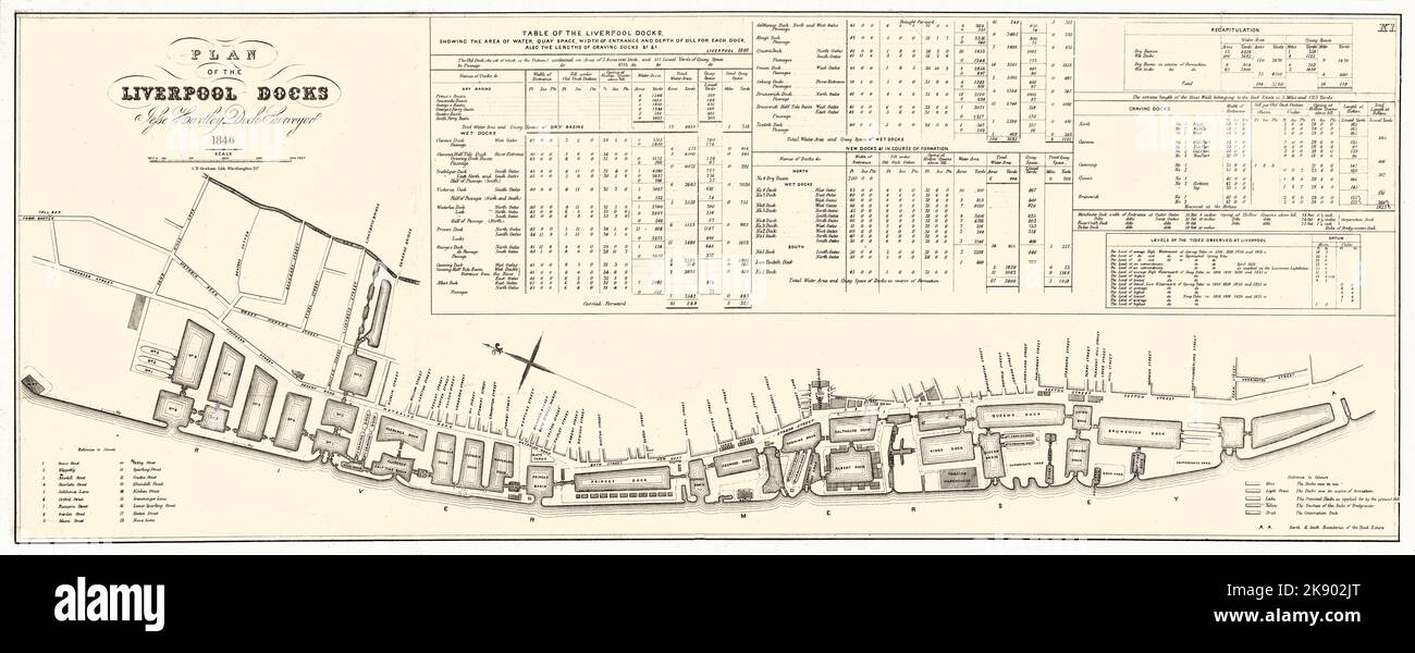 Ein Plan von Liverpool Docks aus dem Jahr 1846 vom Designer und Architekten Jesse Hartley (1780-1860), Bauingenieur und Superintendent der Belange des Dock Estate in Liverpool von 1824 bis 1860. Das Albert Dock ist Hartleys berühmtestes Vermächtnis und zeigt einige seiner revolutionären Ideen. Unter den Holzdielen befinden sich Bleche, die einem Brand 40 Minuten lang ungehindert standhalten können. Es war eines der ersten, das Lagerhäuser am Ufer hatte. Die Dock-Tore hielten Wasser auf einem konstanten Niveau, unabhängig von der Flut, so dass die Schiffe bei Flut anlegen und direkt in das Lager entladen konnten. Stockfoto