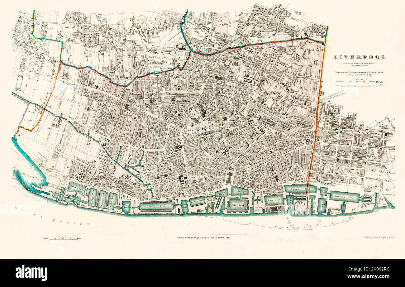 Eine Karte von Liverpool, die 1847 für die Society for Diffusion of Useful Knowledge erstellt wurde. Die farbigen Linien sind die Grenzen des Parlamentarischen Bezirks. Liverpool liegt im Zentrum, mit Kirkdale, Everton, West Derby und Toxteth im Uhrzeigersinn von Norden. Die in dunklen Rechtecken eingezeichneten Bürgergebäude umgeben den heutigen Universitätscampus. Stockfoto