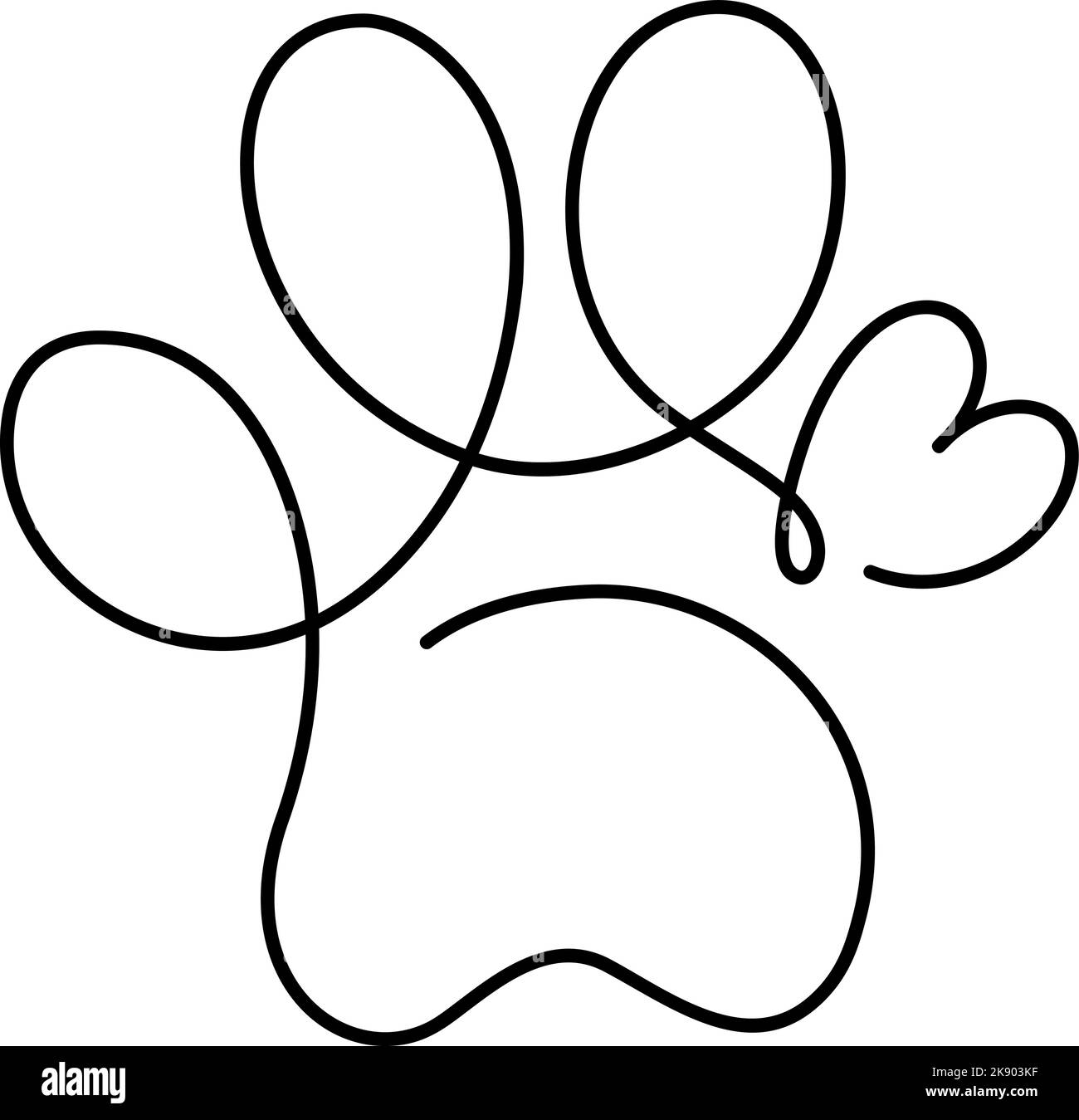 Herz mit Katze oder Hundepfote in durchgehender einzeiliger Zeichnung Logo. Minimal Line Art. Tierdruck im Herzen. PET Love-Konzept Stock Vektor