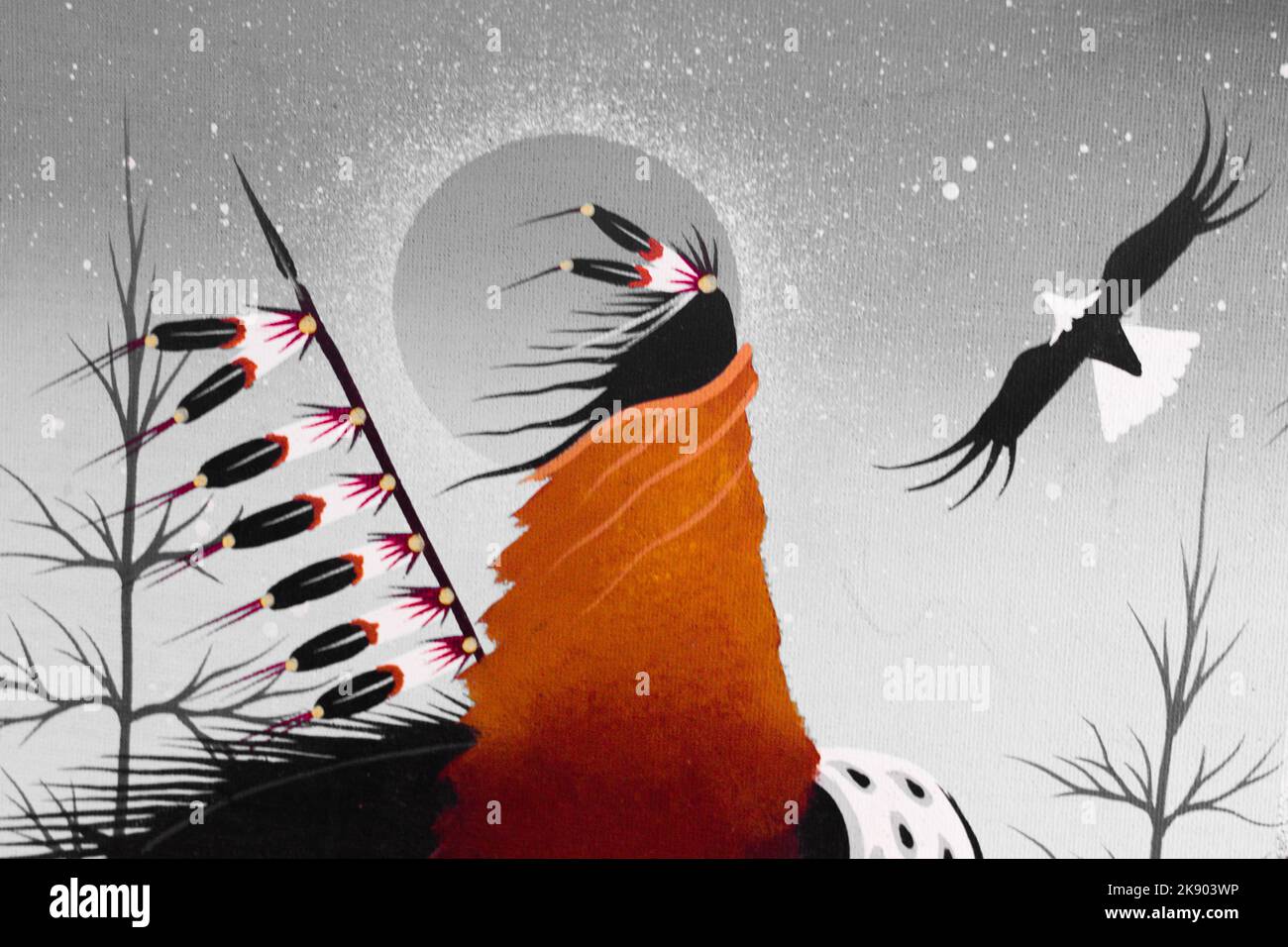 Native American / First Nation Arts and Culture - Nahaufnahme einer Acrylkunstleinwand mit dem Titel 'war Scout ' von Grover Topaum . Stockfoto