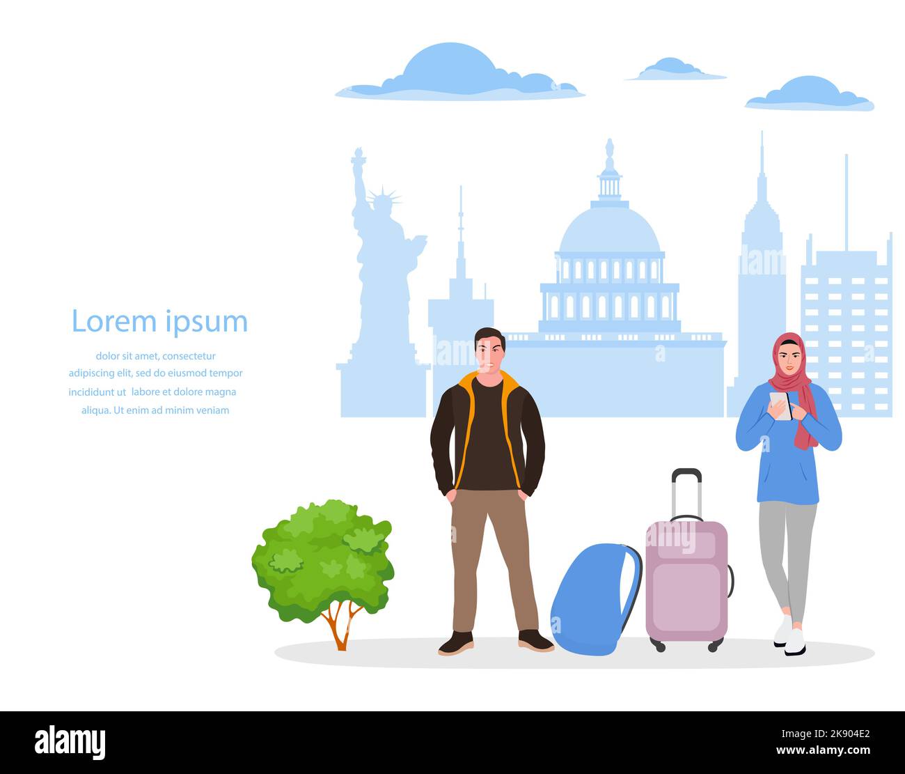 Vektor-Illustration Mann, muslimische Frau mit Rucksack, Koffer verwenden Handy Touristen machen Fotos, Selfies USA New York. Reisen im Sommer Stock Vektor
