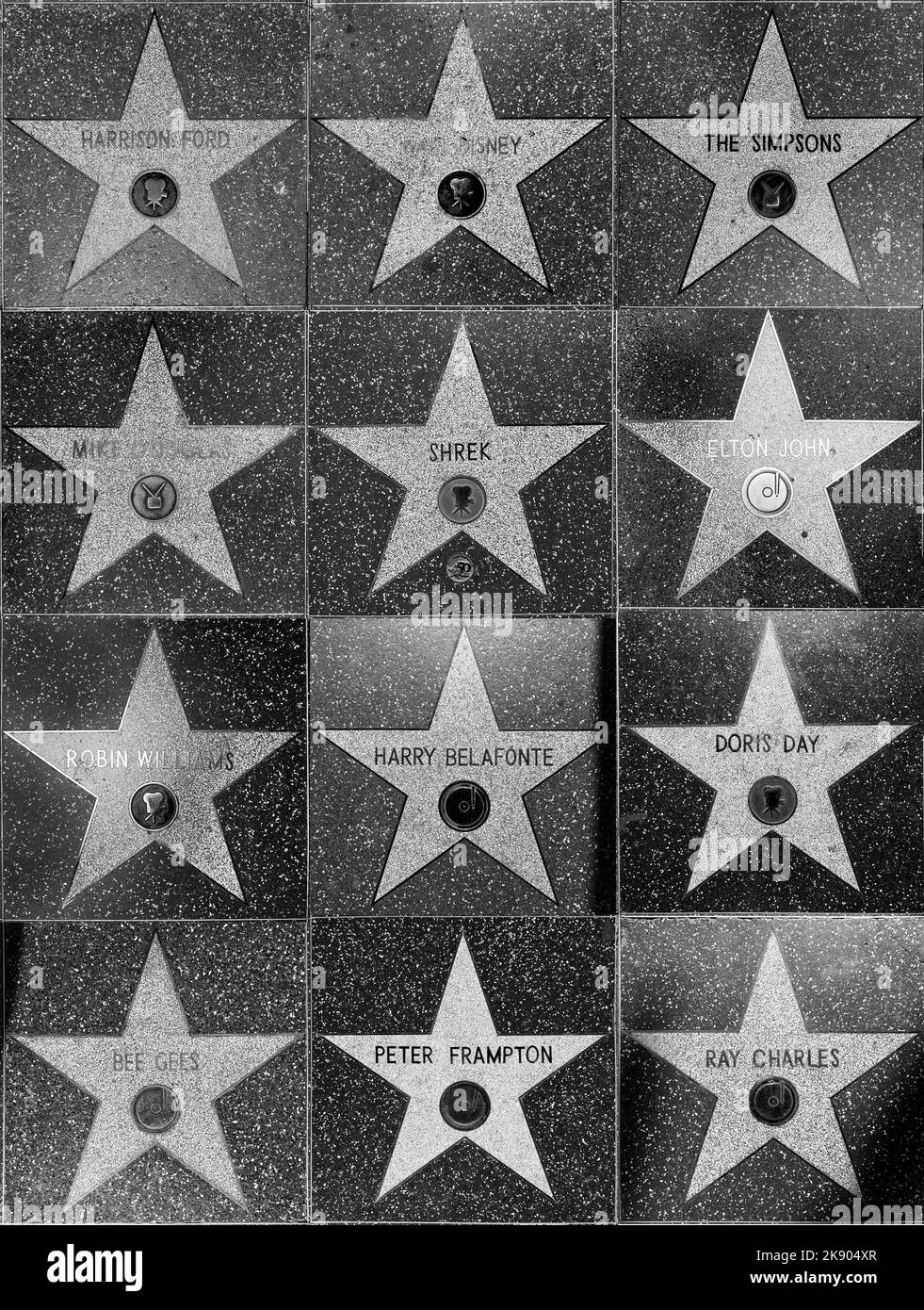 HOLLYWOOD - 24. JUNI 2012: Collage von Stars auf dem Hollywood Walk of Fame in Hollywood, Kalifornien. Es gibt Sterne auf Hollywood Blvd. Und sind pa Stockfoto