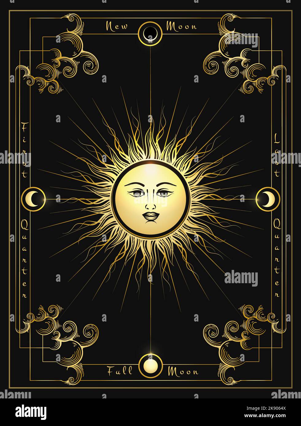 Sonne und Mondphasen isoliert auf Schwarz. Mittelalterlicher Astrologischer Vektor Illustration Stock Vektor