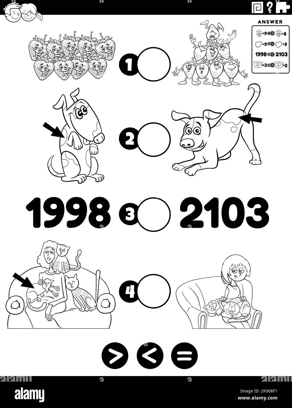 Schwarz-Weiß-Cartoon-Illustration der pädagogischen mathematischen Puzzle-Aufgabe von größer als, kleiner oder gleich für Kinder mit Objekten und Anim Stock Vektor