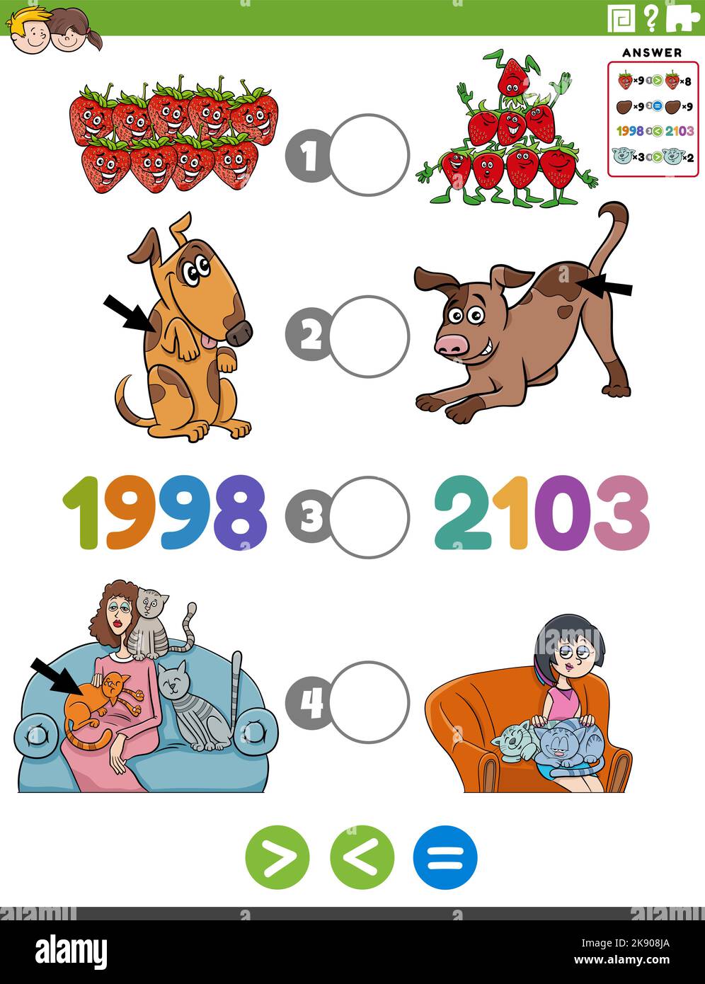 Cartoon Illustration der pädagogischen mathematischen Puzzle-Aufgabe von größer als, kleiner als oder gleich für Kinder mit Objekten und Tierfiguren ein Stock Vektor