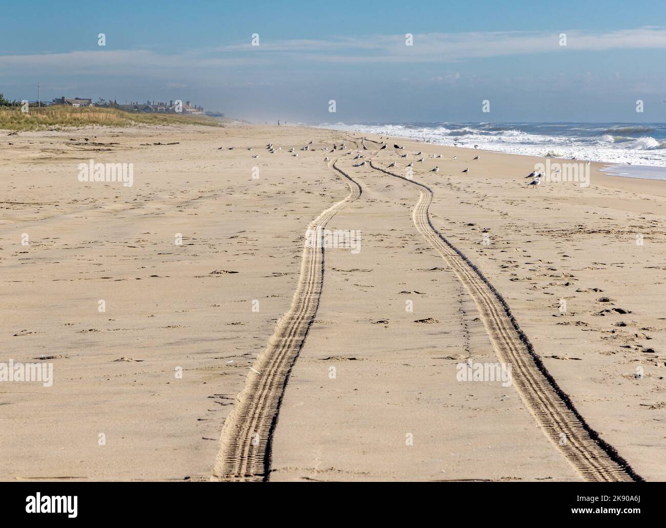 Set von LKW-Gleisen im Sand eines Ozeanstrandes Stockfoto