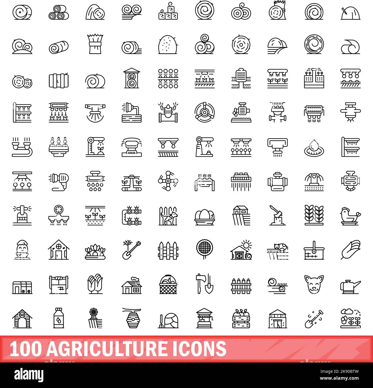 100 Symbole für die Landwirtschaft eingestellt. Skizzieren Sie die Darstellung von 100 Symbolen für die Landwirtschaft, die auf weißem Hintergrund isoliert sind Stock Vektor