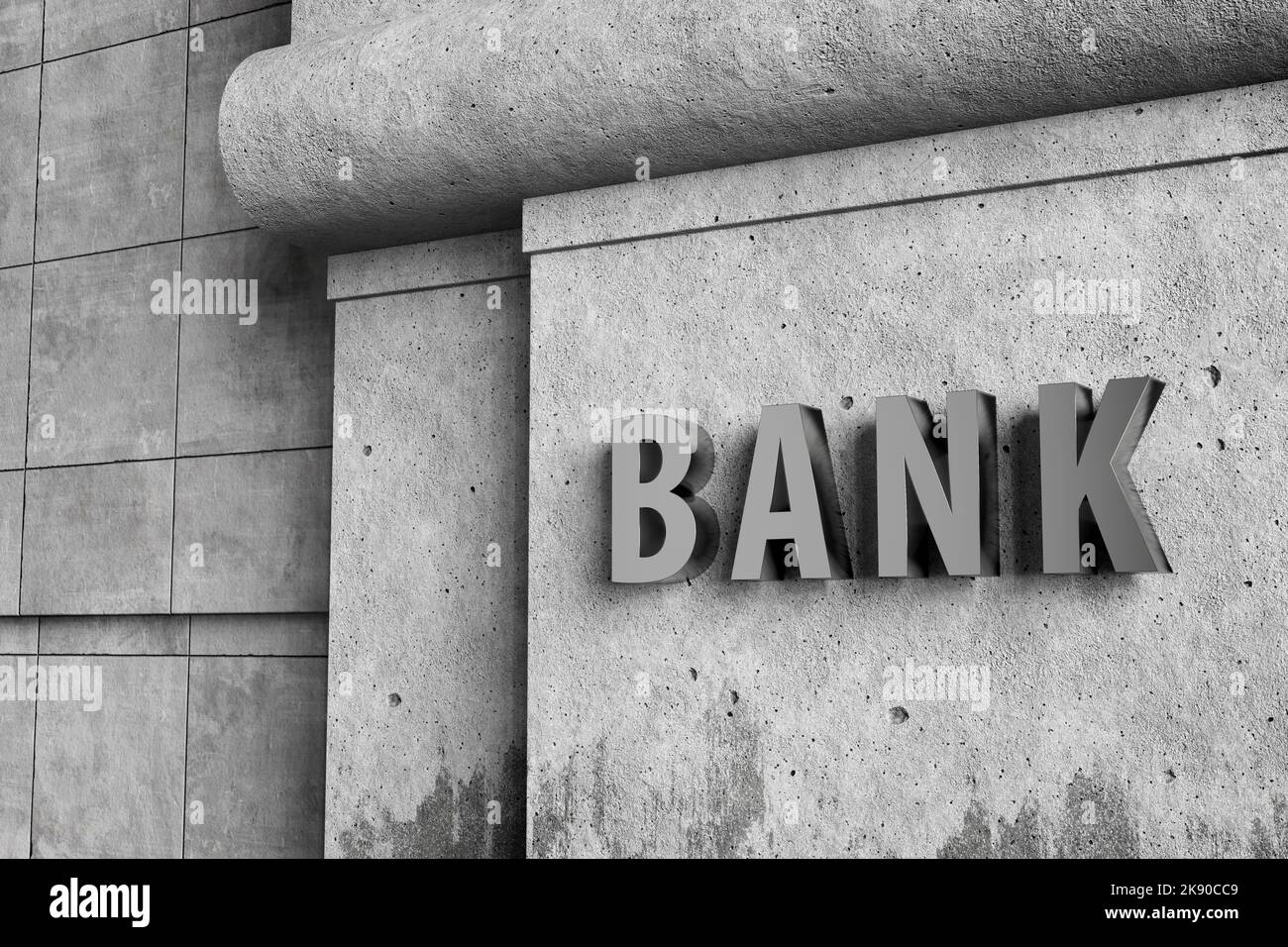Bankschild an der Betonwand einer Gebäudefassade. Illustration des Konzepts der Finanzdienstleistungen Stockfoto
