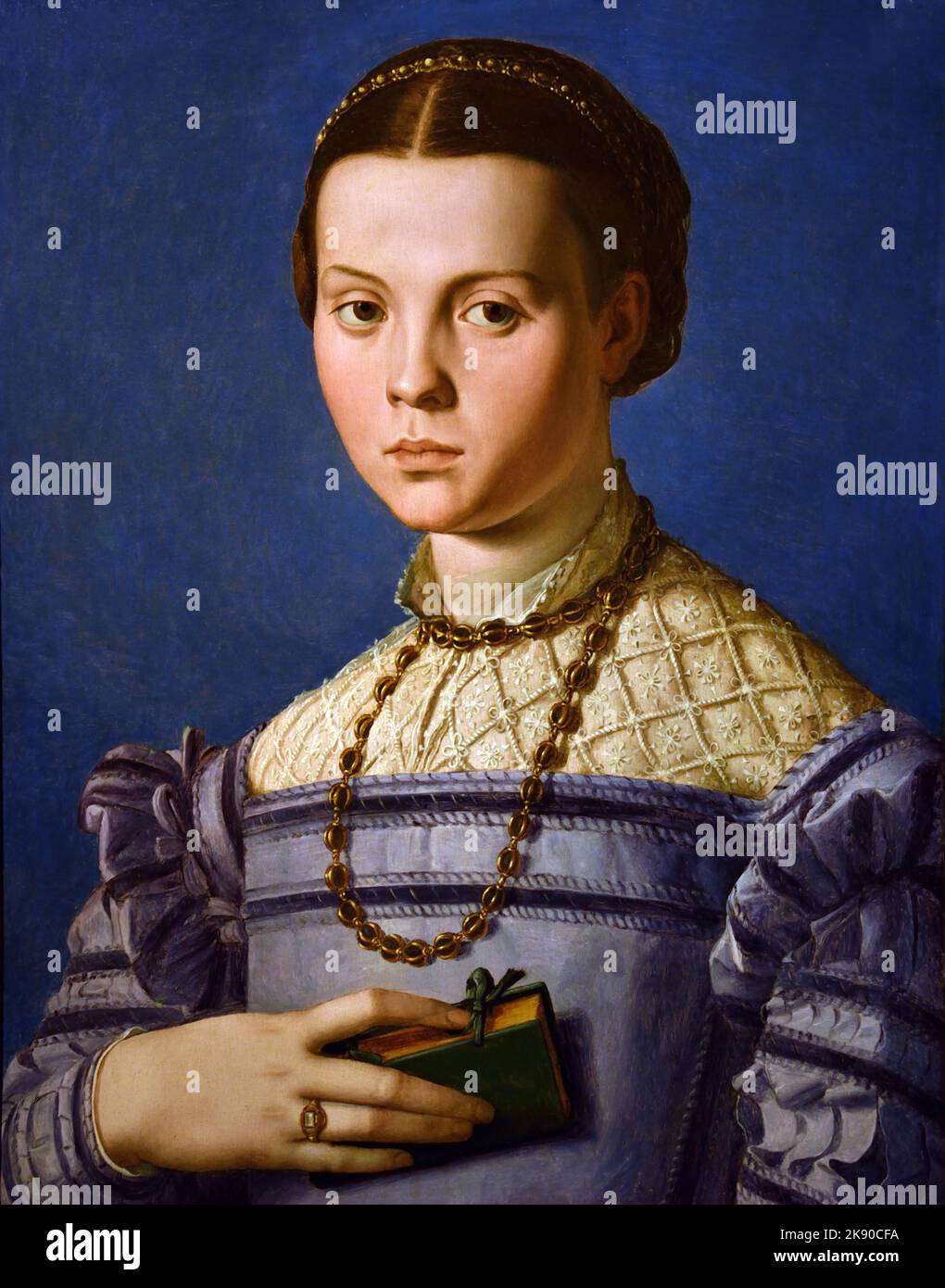Porträt eines jungen Mädchens mit einem Buch 1545 von Agnolo Bronzino, Manierismus, (Spätrenaissance), Florenz, Italien. Stockfoto