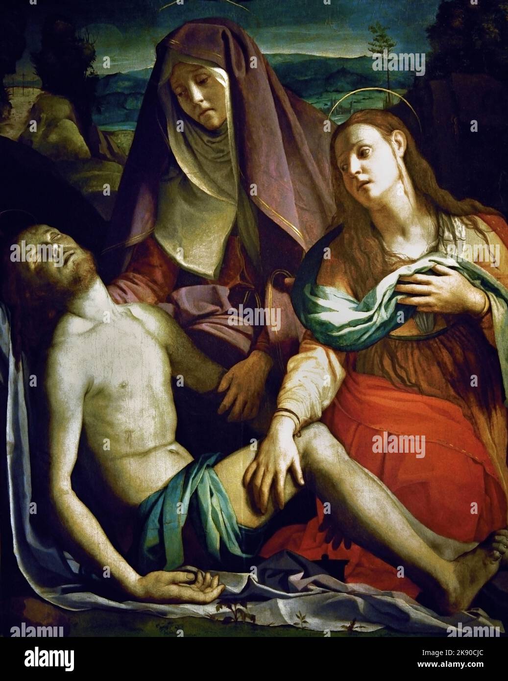 Pietà 1529 Gemälde von Agnolo Bronzino, Uffizien , Florenz, Italien. Klage über Christus, nachdem Jesus gekreuzigt wurde, Kreuzigung, sein Körper wurde entfernt, Kreuz, seine Freunde trauerten über seinen Körper, Klage über den toten Christus, Kirche, Stockfoto