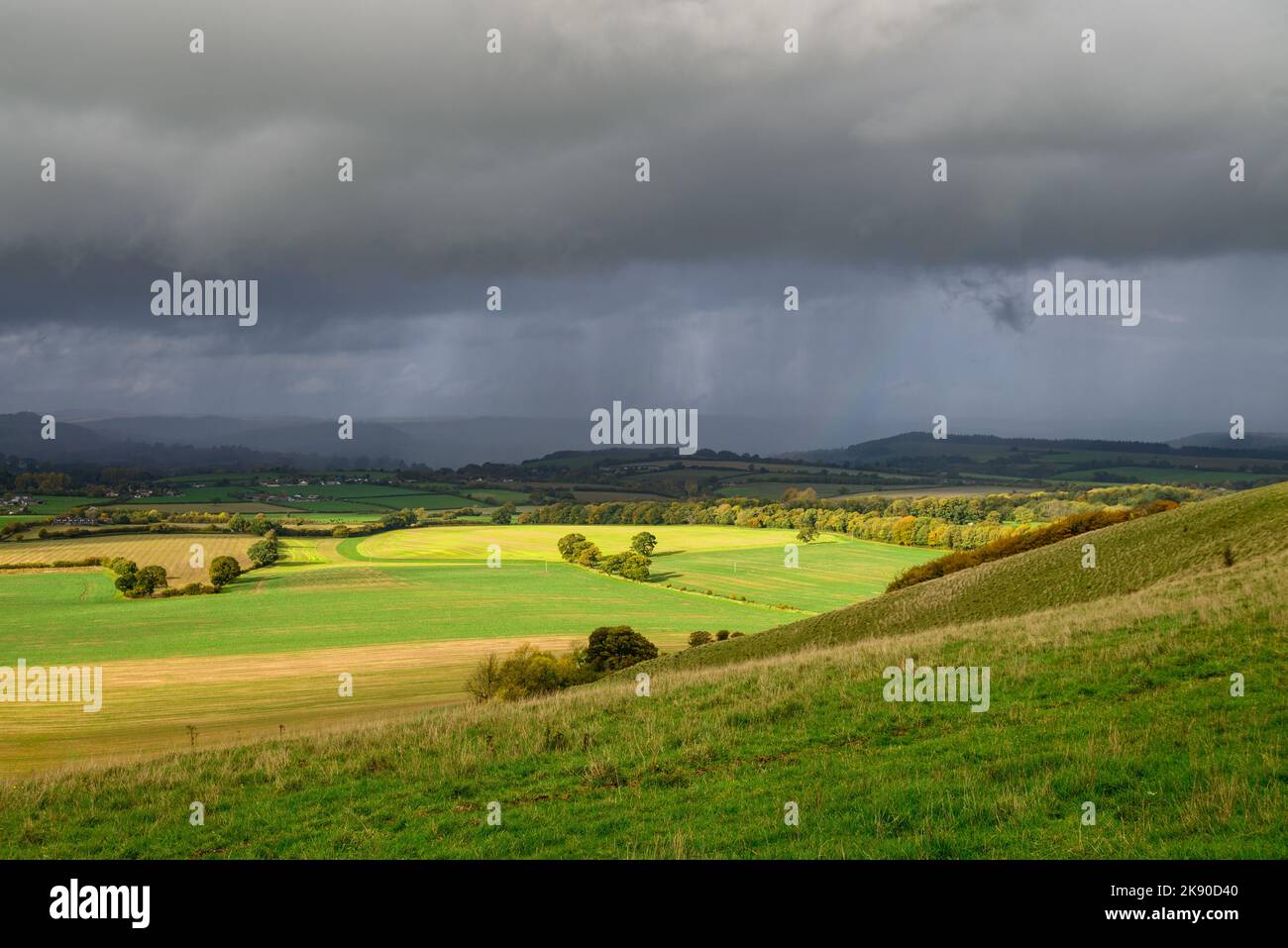 Stürmisches Wetter und Regen mit Blick auf die Landschaft von South Wiltshire Dorset von Cranborne Chase, England, Großbritannien, Oktober Stockfoto