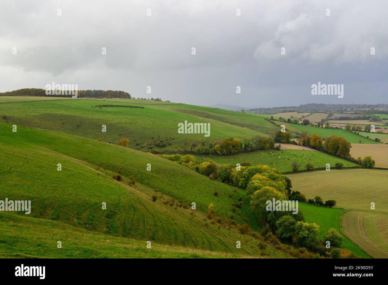 Stürmisches Wetter mit Blick auf die Landschaft von South Wiltshire und North Dorset von Cranborne Chase, England, Großbritannien, Oktober Stockfoto