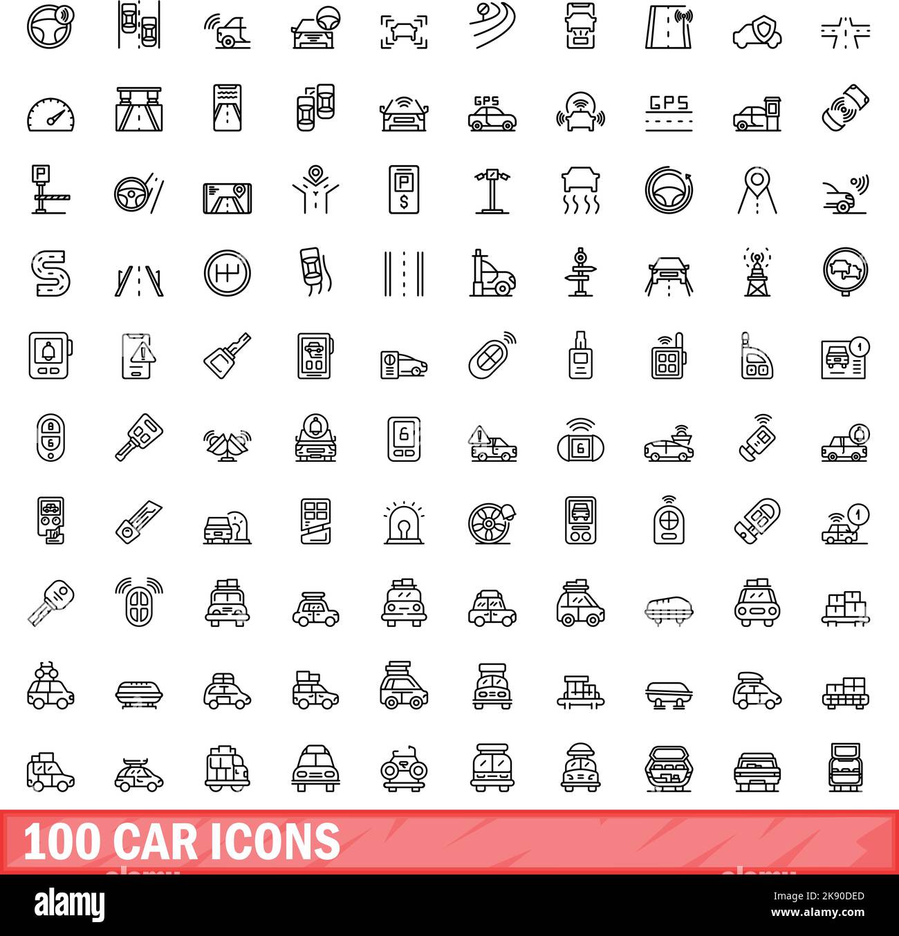 100 Auto-Symbole eingestellt. Umriss Illustration von 100 Auto-Symbole Vektor isoliert auf weißem Hintergrund gesetzt Stock Vektor