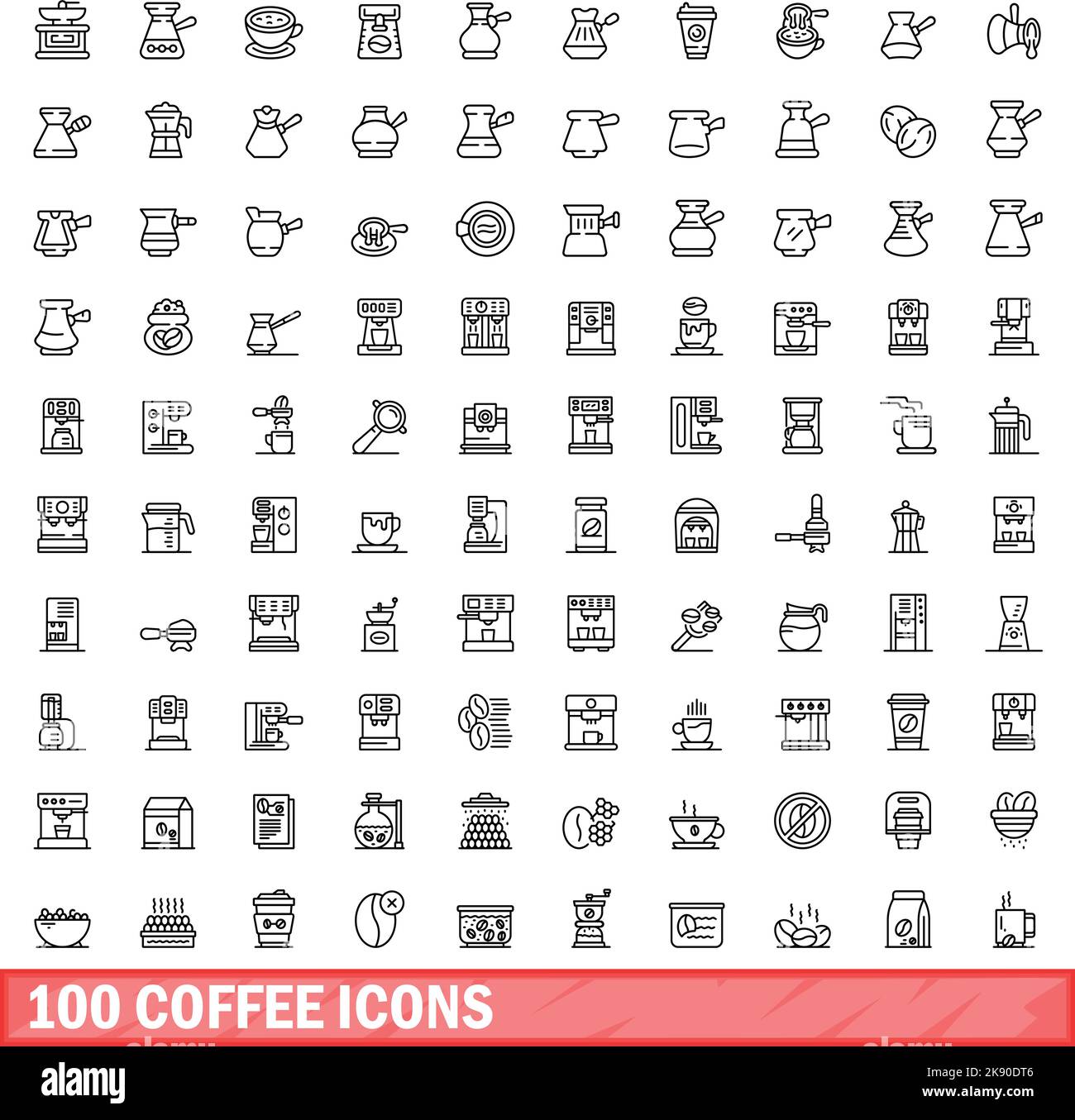 100 Kaffeesymbole eingestellt. Skizzieren Sie die Darstellung von 100 Kaffeesymbolen, die auf weißem Hintergrund isoliert eingestellt sind Stock Vektor