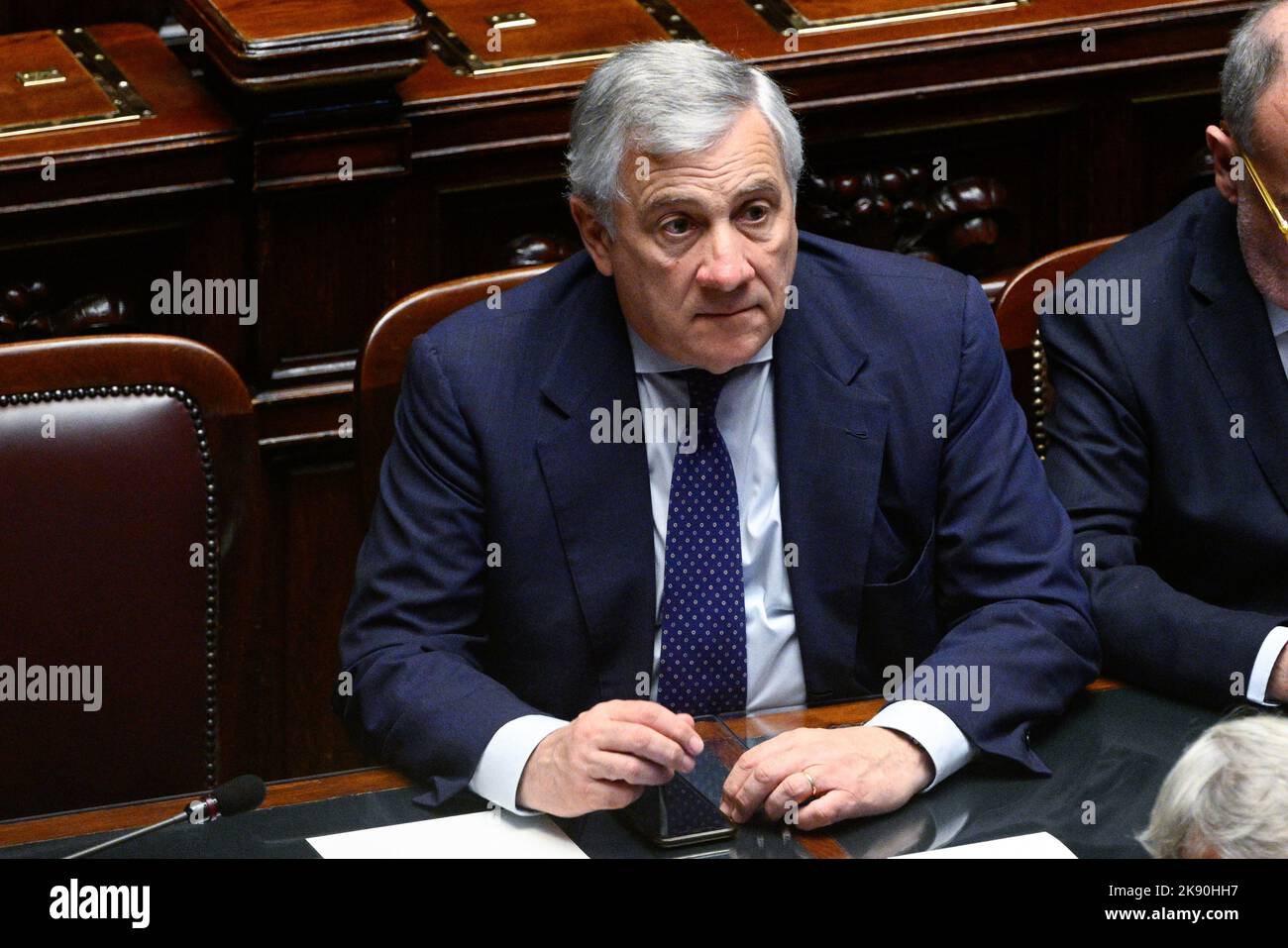 Antonio Tajani Ministro degli Affari Esteri e della cooperazione Internazionale e vicepremier während der Sitzung in der Abgeordnetenkammer für das Vertrauensvotum der Regierung Meloni am 25. Oktober 2022 in Rom, Italien. Stockfoto