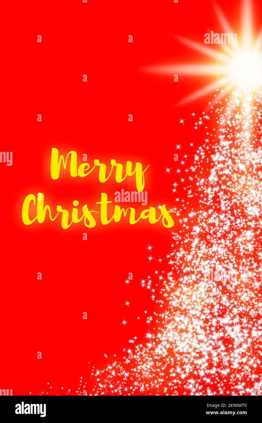 Fröhliche Weihnachtstexte mit leuchtendem Stern wie Kiefern auf rotem Hintergrund. Weihnachtsfeier Konzept Stockfoto