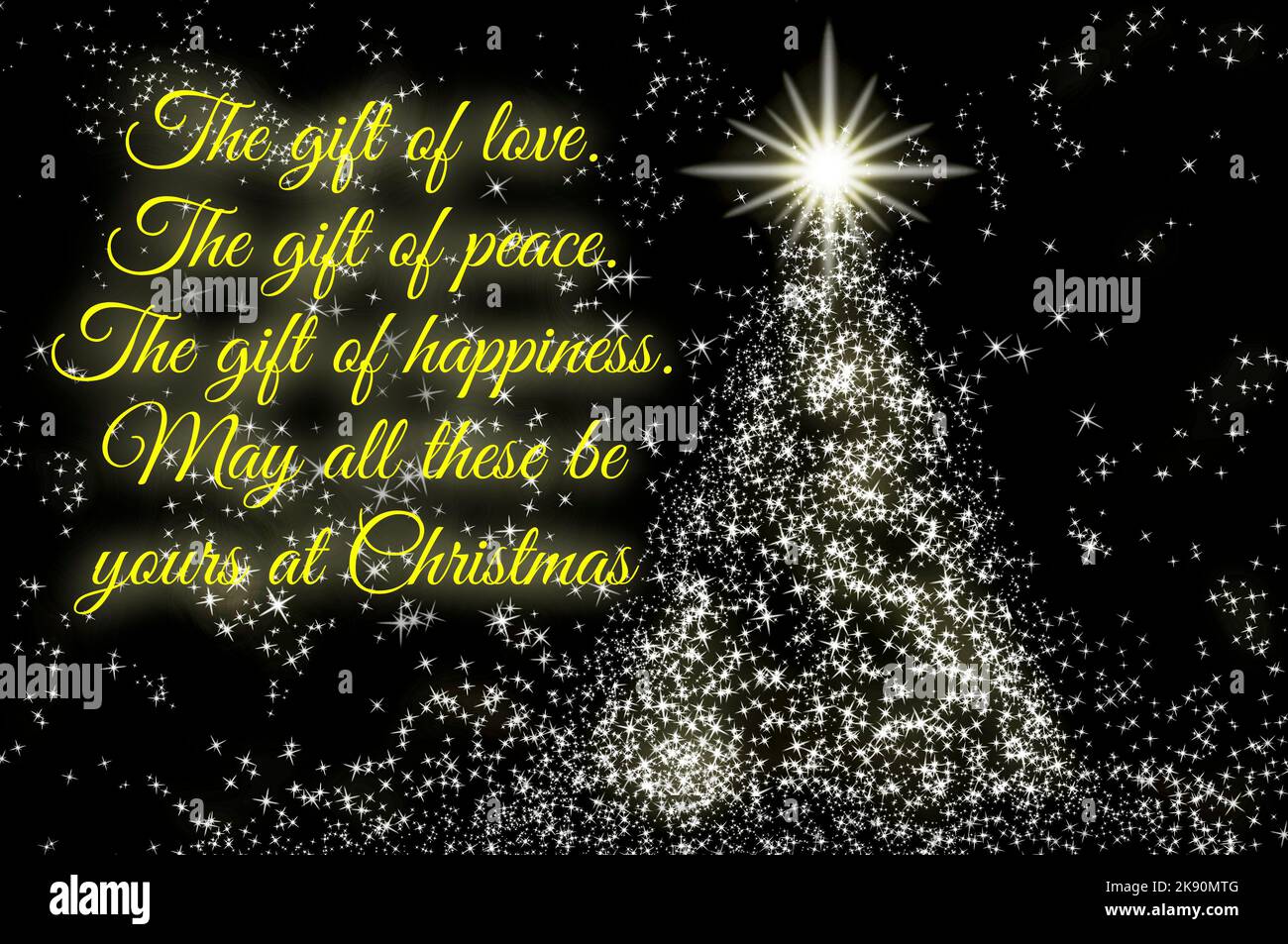 Weihnachtswünsche Text mit leuchtenden Sternen wie Kiefer auf dunklem Hintergrund. Weihnachtsfeier Konzept. Stockfoto