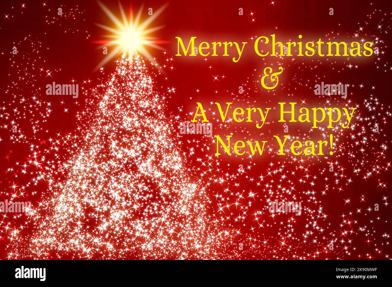 Frohe Weihnachten und ein sehr glücklicher Text für das neue Jahr mit leuchtendem Stern wie eine Kiefer auf rotem Hintergrund. Weihnachtsfeier Konzept. Stockfoto