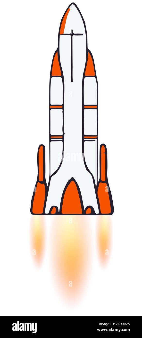 Karikatur-Weltraumrakete mit orange weißem Körper mit Flamme aus Düsen, isoliert auf weiß. Grober Skizzenstil. Vektordesign-Element. Stock Vektor