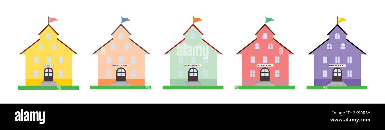 Vektorzeichnungen von fünf Schulen: Schule, Schule, Kindergarten, Grundschule, Sekundarschule, High School. Stock Vektor